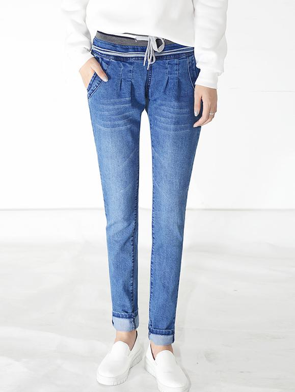Romwe Elastic Waist Slim Denim Pale Blue Pant