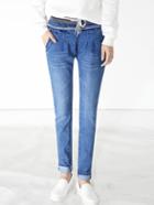 Romwe Elastic Waist Slim Denim Pale Blue Pant