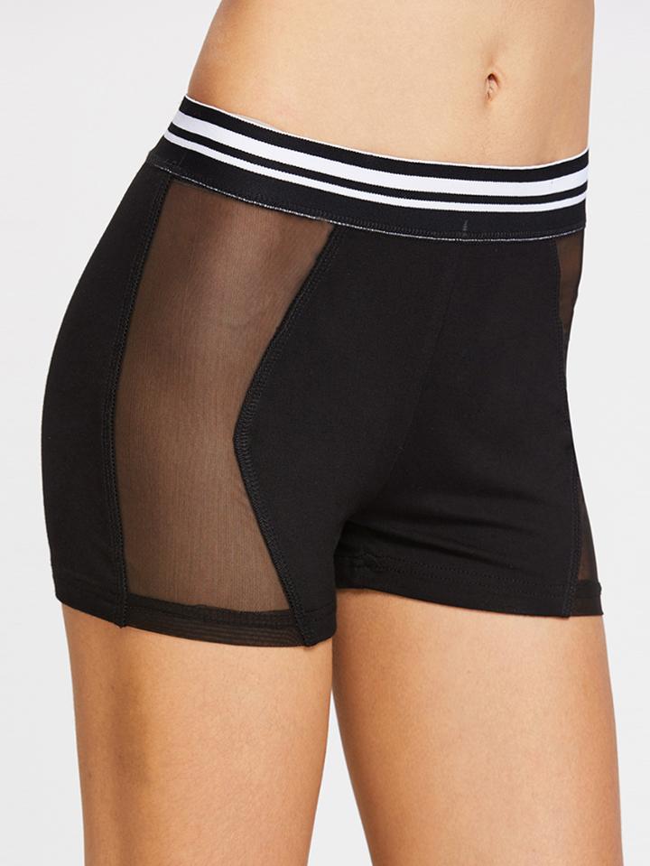 Romwe Striped Waist Mesh Panel Short Leggings