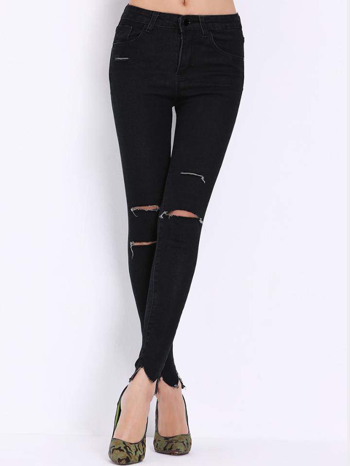 Romwe Ripped Denim Frayed Pant