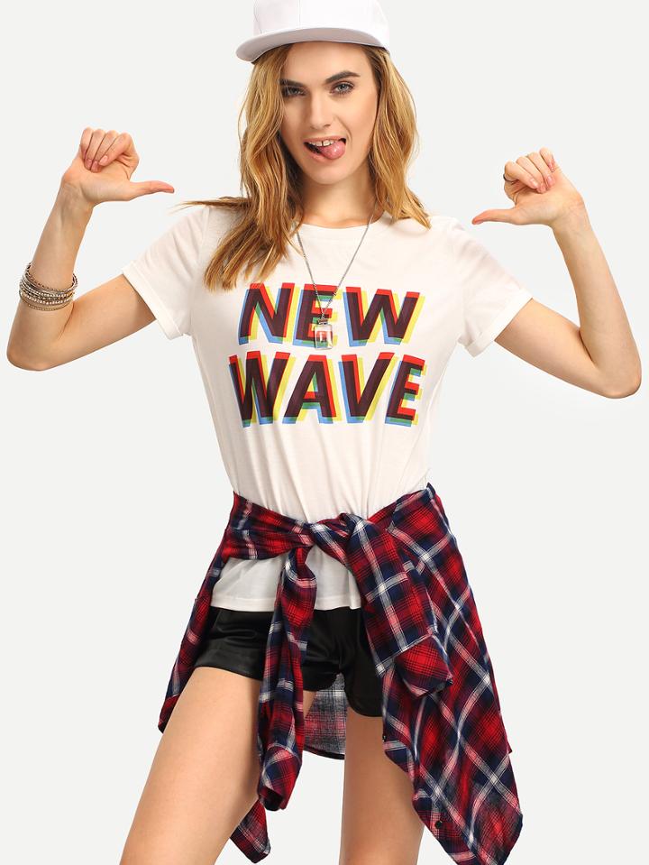 Romwe Beige Letters Print Short Sleeve T-shirt