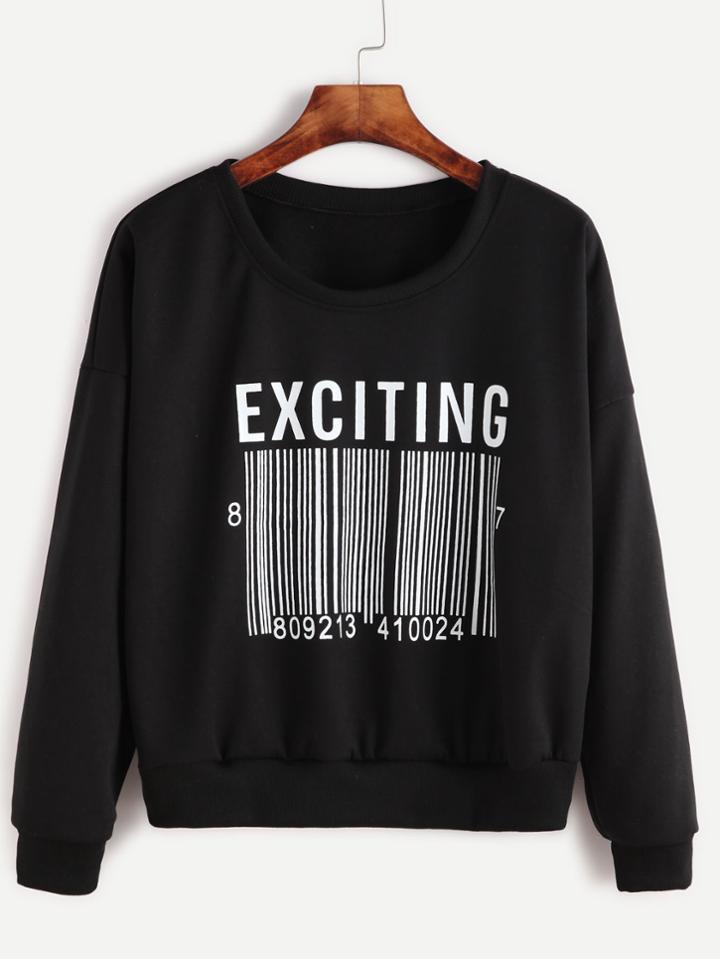 Romwe Black Printed Dropped Shoulder Seam Sweatshirt