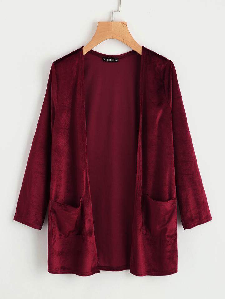 Romwe Pocket Front Velvet Coat