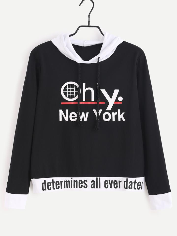 Romwe Black Contrast Trim Letter Print Hooded Sweatshirt