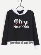 Romwe Black Contrast Trim Letter Print Hooded Sweatshirt