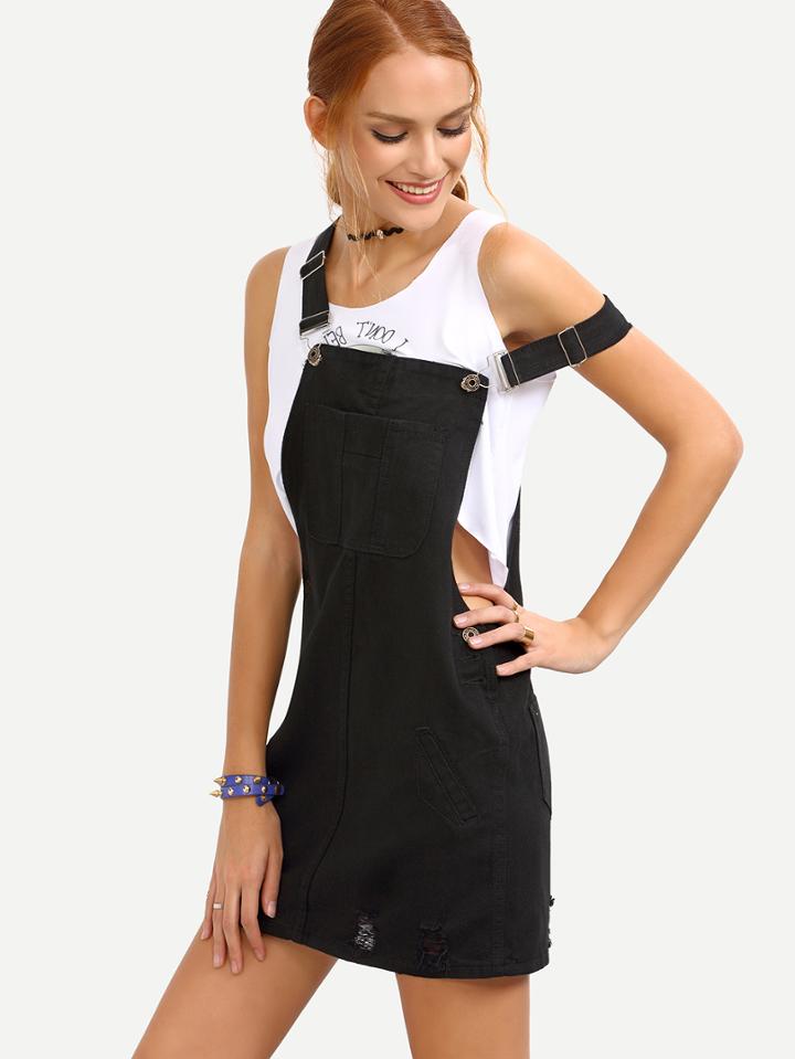 Romwe Ripped Black Denim Overall Dress
