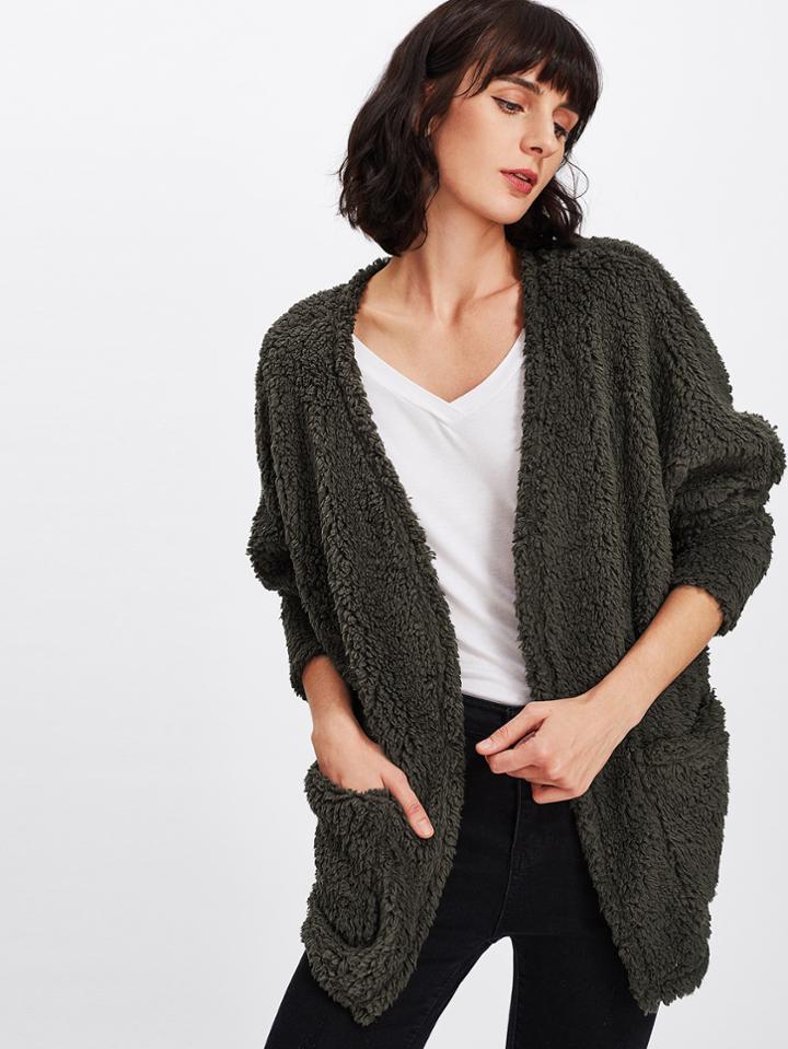 Romwe Faux Fur Open Front Coat