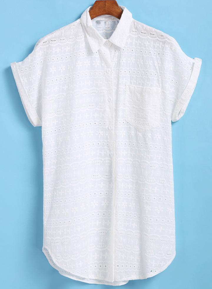 Romwe Dip Hem Embroidered Hollow Blouse