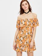 Romwe Flounce Layered Neckline Calico Print Button Front Dress