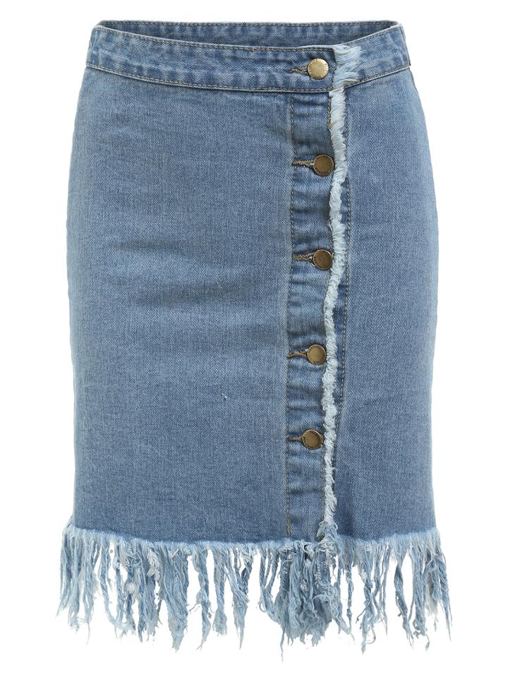 Romwe Frayed Buttoned Front Denim Skirt