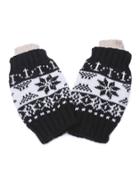 Romwe Black Snowflake Fingerless Ribbed Knit Gloves