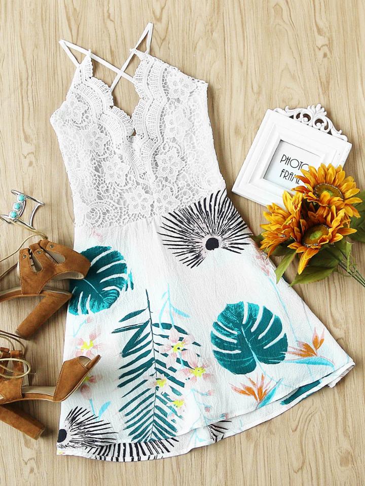 Romwe Printed Random Lace Panel Criss Cross Backless Dress