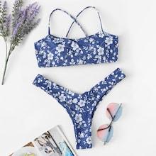 Romwe Random Floral Criss Cross Top With High Leg Bikini