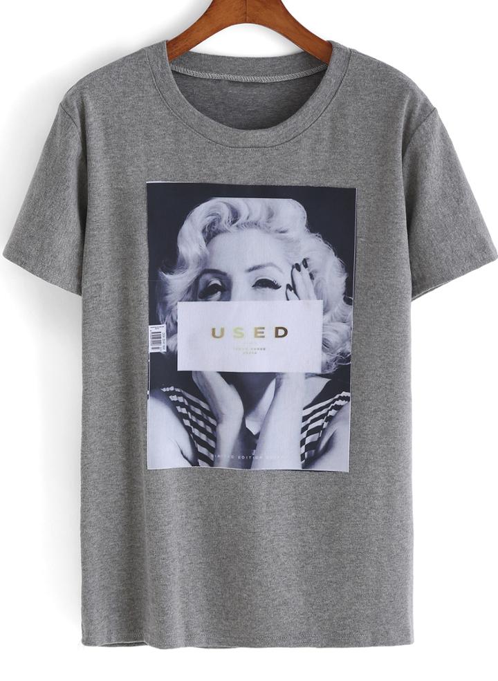 Romwe Grey Short Sleeve Monroe Print Loose T-shirt