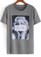 Romwe Grey Short Sleeve Monroe Print Loose T-shirt