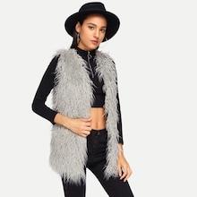 Romwe Faux Fur V-neck Shell Coat