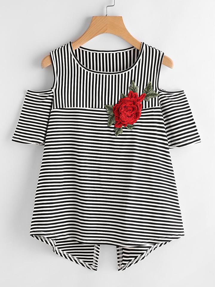 Romwe 3d Embroidered Appliques Overlap Back Striped Tee