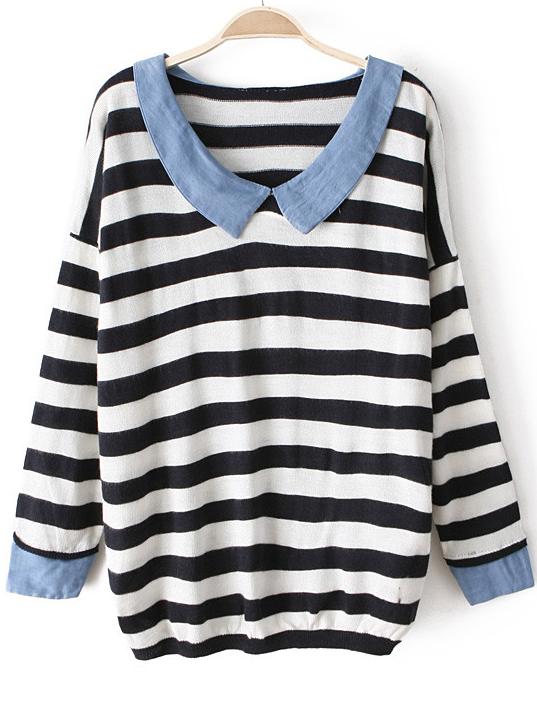 Romwe Contrast Denim Collar Striped Black Sweater