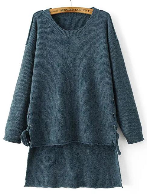 Romwe Blue Drop Shoulder Lace Up High Low Sweater
