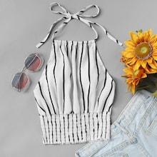 Romwe Striped Print Frill Hem Halter Top