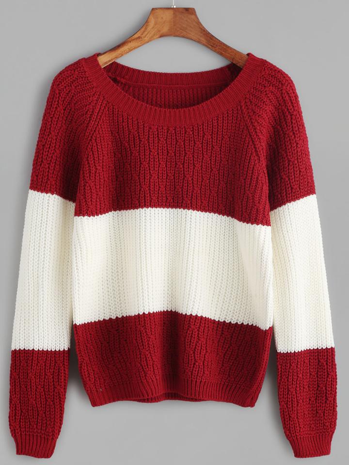 Romwe Color Block Raglan Sleeve Cable Knit Sweater