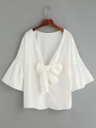 Romwe White Deep V Neck Bow Tie Front Bell Sleeve Top