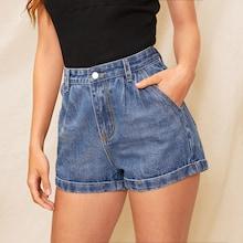 Romwe Slant Pocket Rolled Hem Denim Shorts