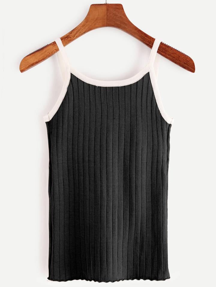 Romwe Black Contrast Trim Ribbed Cami Top