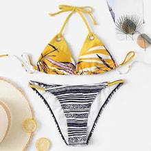 Romwe Random Leaf Print Halter Top With Striped Bikini