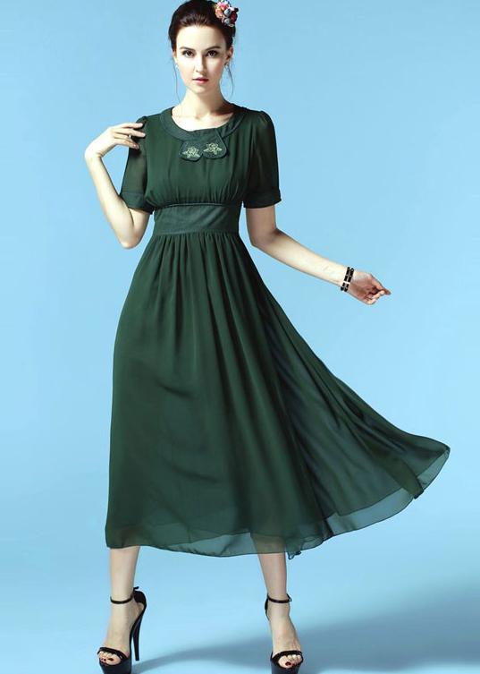 Romwe Round Neck Embroidered Vintage Chiffon Dress