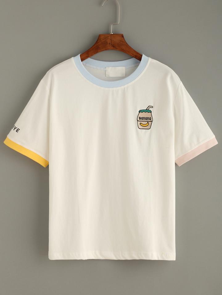 Romwe White Embroidered Contrast Neck T-shirt