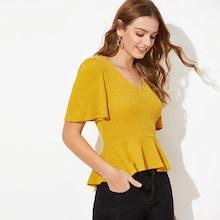 Romwe Rib-knit Flutter Sleeve Peplum Top