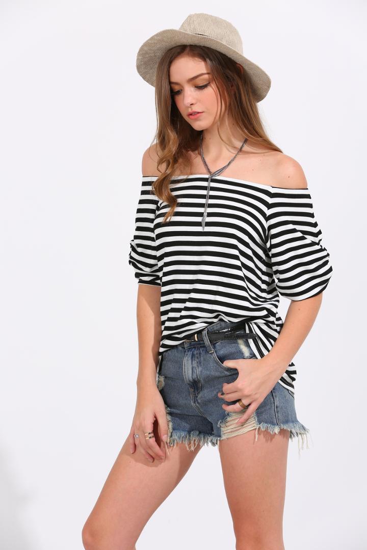 Romwe Black White Striped Off The Shoulder T-shirt