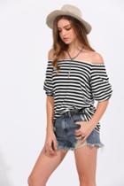 Romwe Black White Striped Off The Shoulder T-shirt