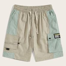 Romwe Guys Cut And Sew Drawstring Waist Cargo Shorts