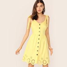 Romwe Button Front Laser Cut Scalloped Hem Dress