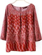 Romwe Red Quarter Sleeve Floral Loose Blouse
