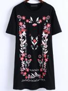 Romwe Black Floral Embroidery T-shirt Dress