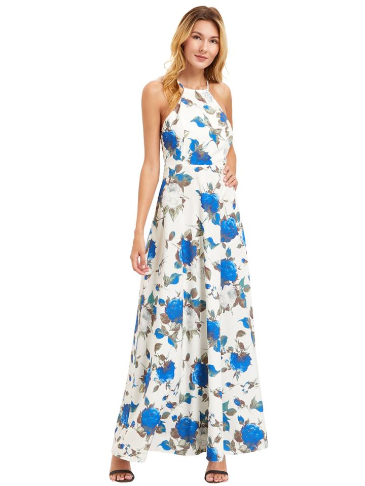 Romwe White Floral Print Halter Neck Maxi Dress