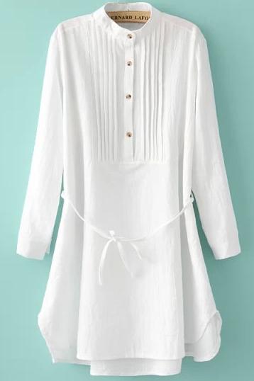 Romwe White Long Sleeve Pleated Shirt Dress