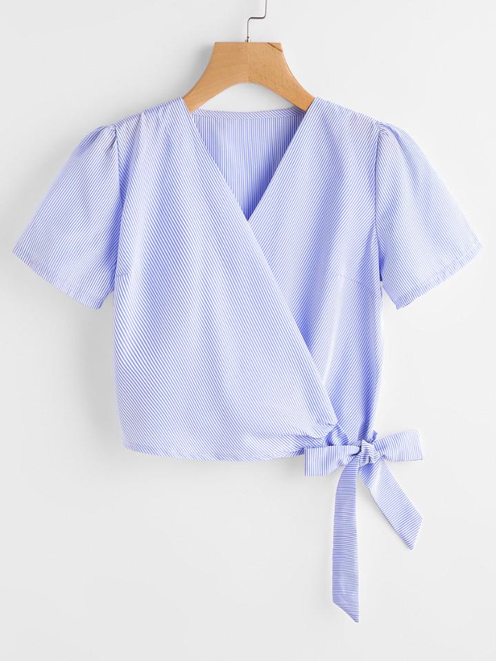 Romwe Vertical Striped Bow Tie Hem Blouse
