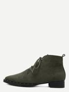 Romwe Dark Green Suede Lace Up Pointed Ankle Boots