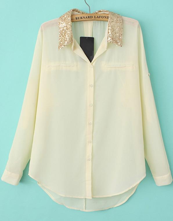 Romwe Sequined Lapel Dip Hem Chiffon Beige Blouse