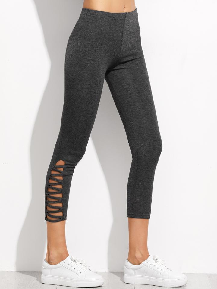 Romwe Dark Grey Lattice Hem Leggings