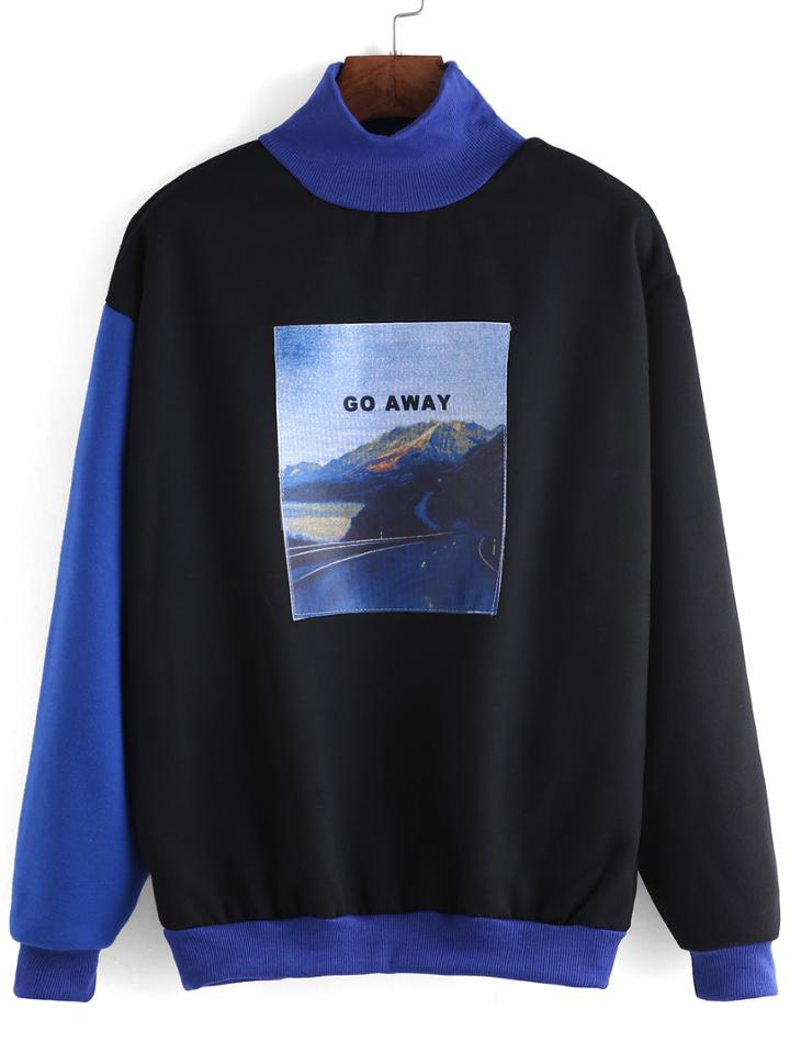 Romwe High Neck Printed Black Sweatshirt