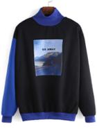 Romwe High Neck Printed Black Sweatshirt