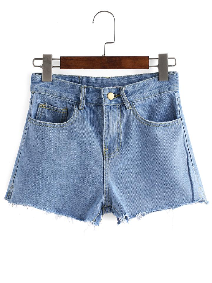 Romwe Pale Blue Frayed Denim Shorts
