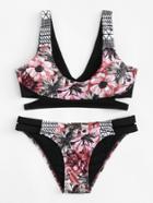 Romwe Flower Print Cut Out Bikini Set
