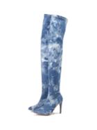 Romwe Watercolor Thigh High Denim Boots