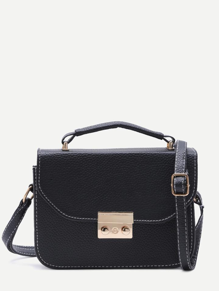 Romwe Black Pebbled Pu Box Handbag With Strap